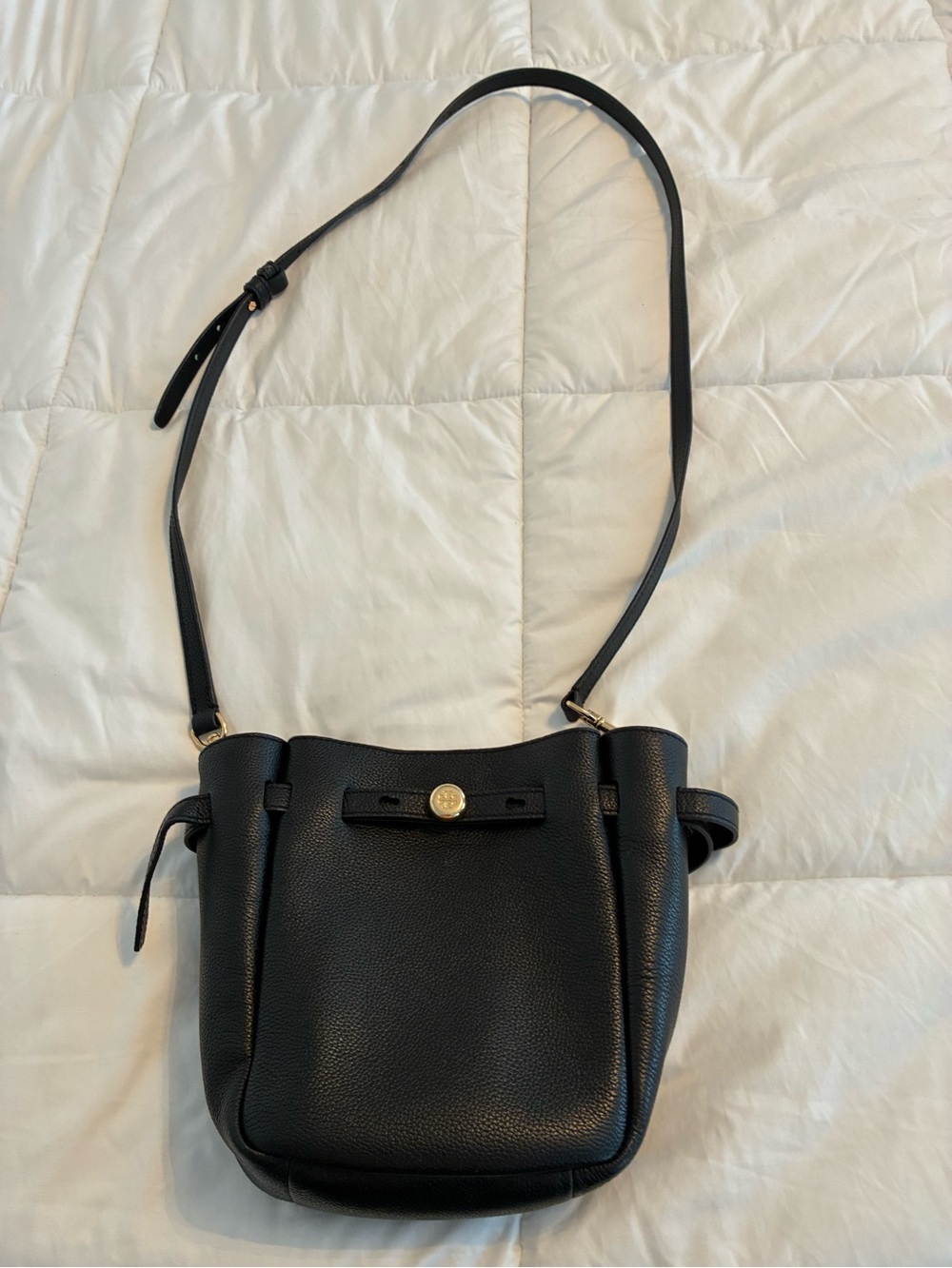 Tory Burch Small Romy  bucket Black Pebbled Crossbody Bag with Gold Accent